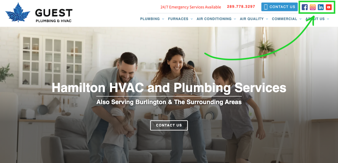 Guest Plumbing and Heating website homepage with social media links at the top