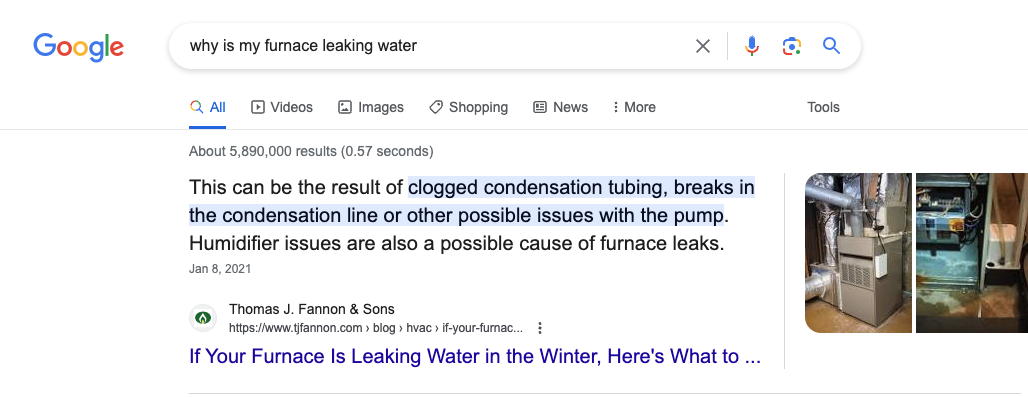 HVAC SEO content example on Google