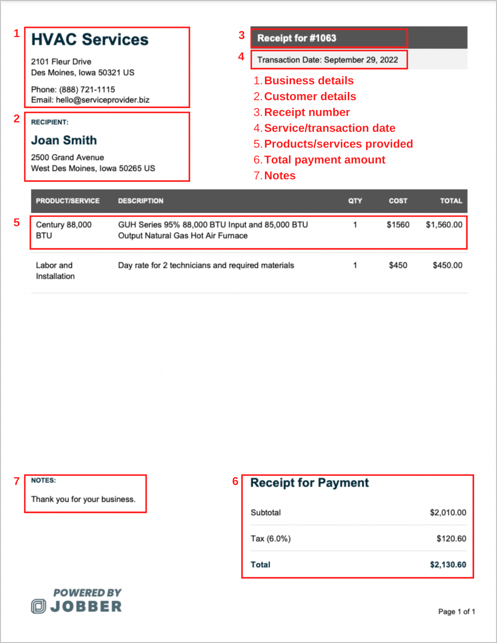 image of annotated HVAC receipt