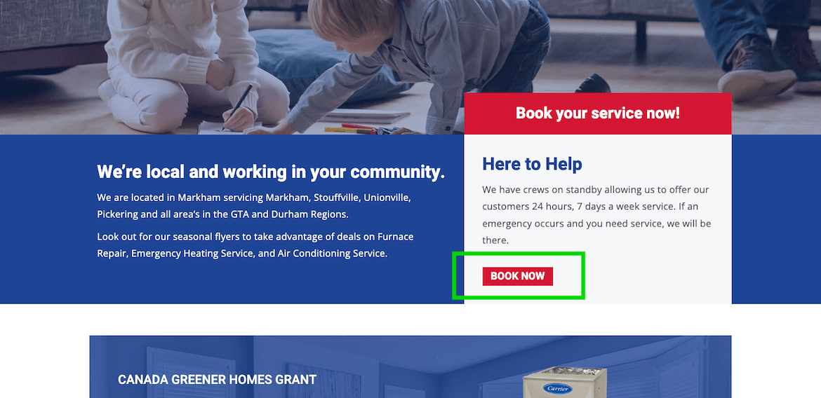 Example of an HVAC website that has a 'book now' button leading to an online work request form