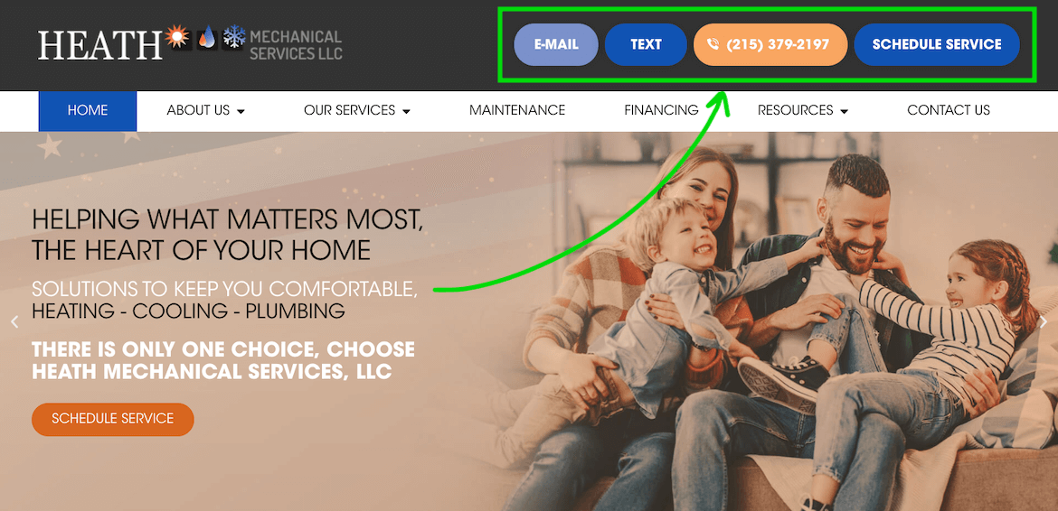 Example of an HVAC website with multiple contact methods at the top of the page