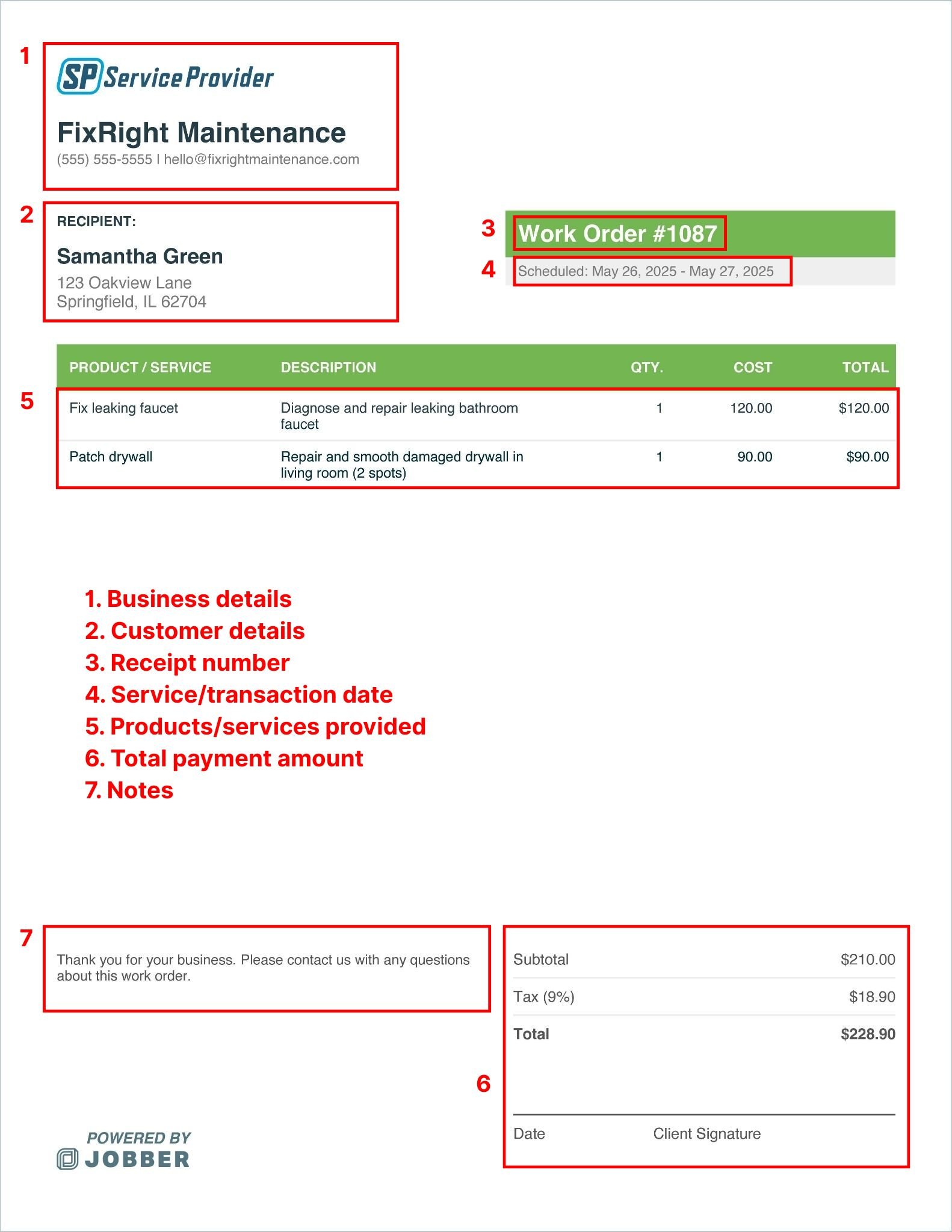 Maintenance work order template (annotated)