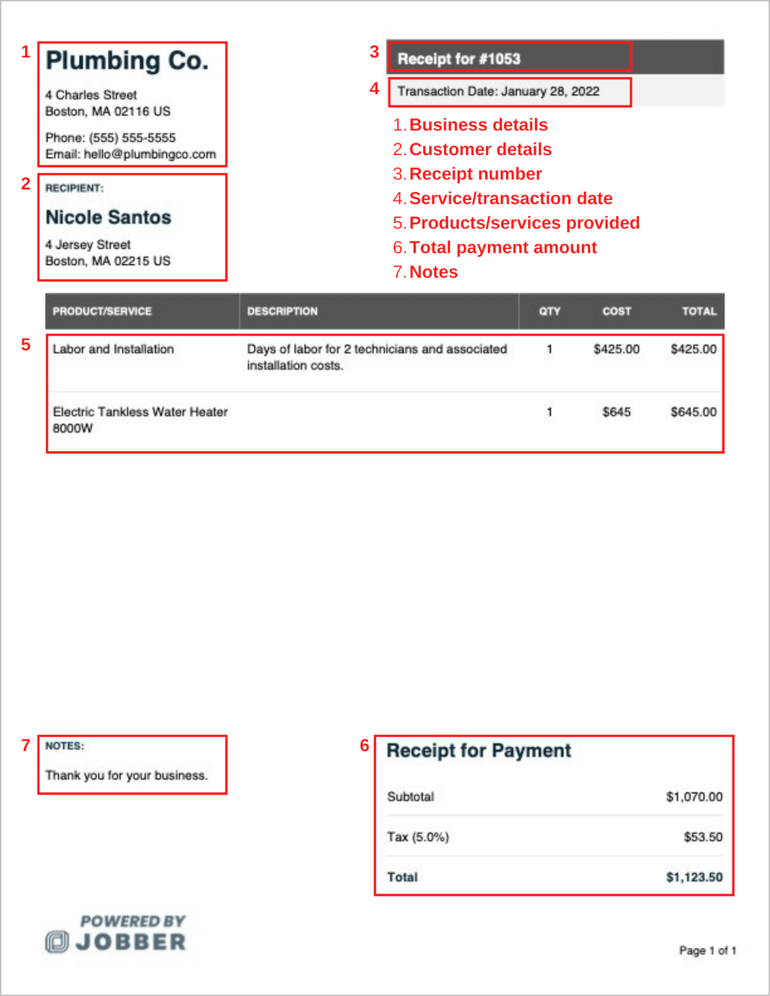 image of annotated plumbing receipt