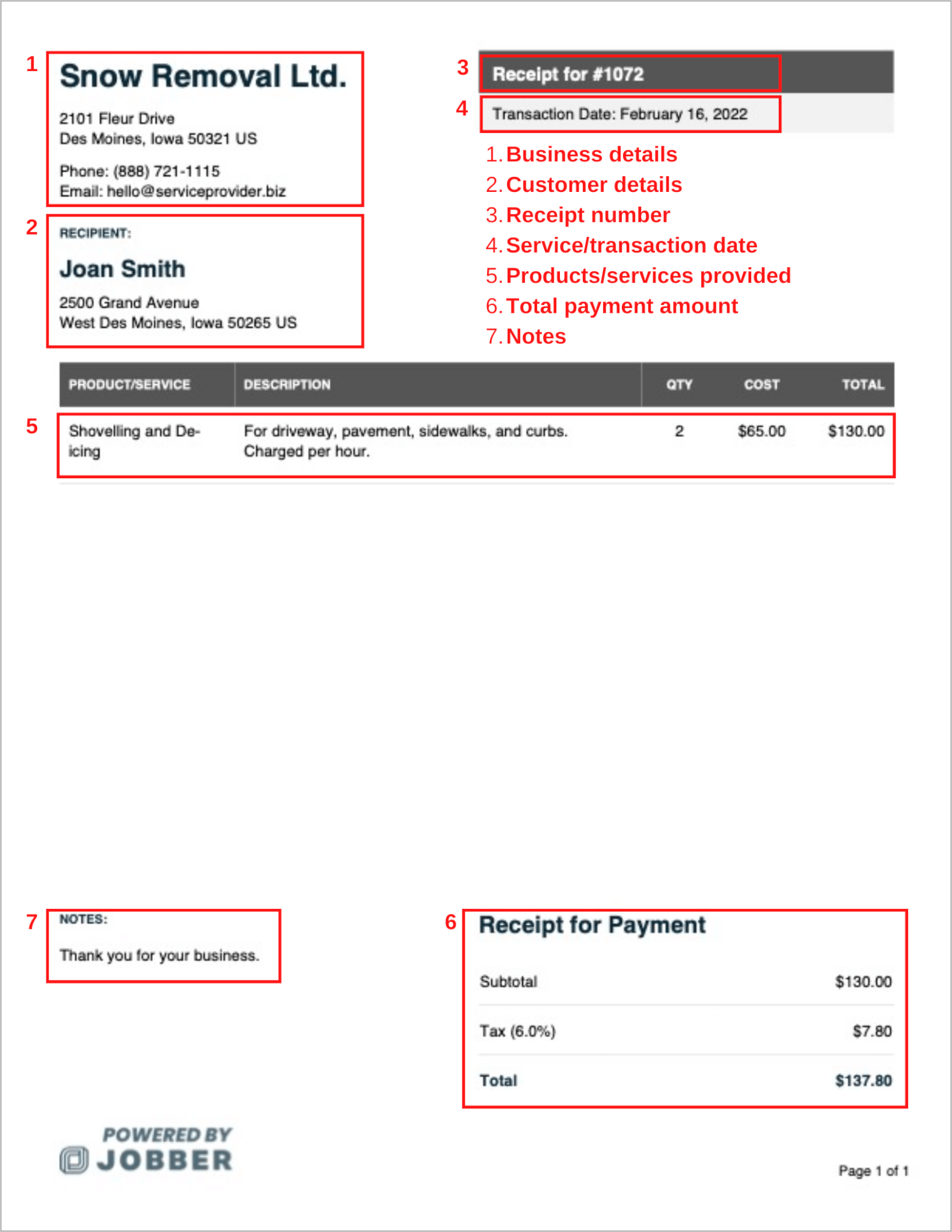 image of annotated snow removal receipt
