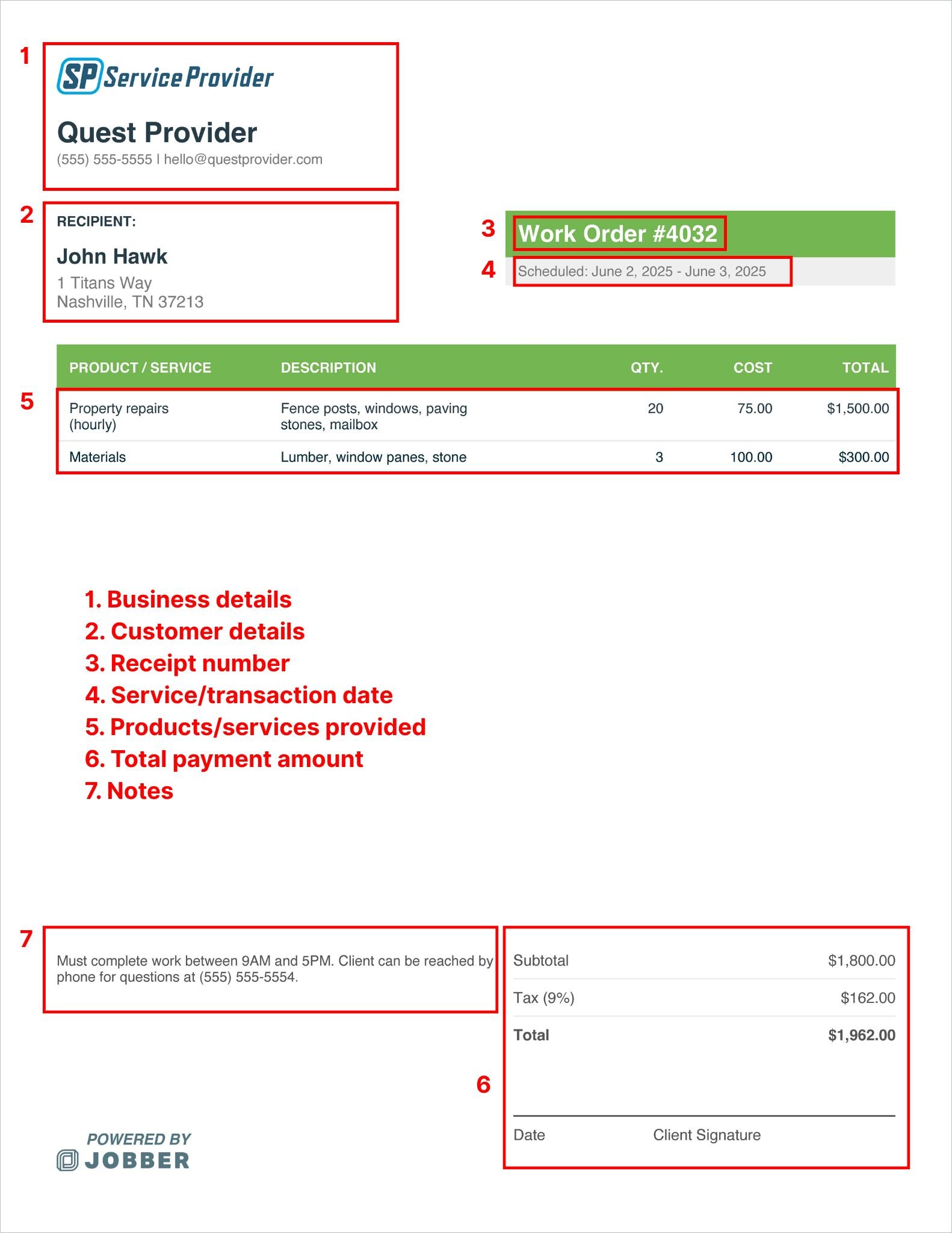Work order template (annotated)