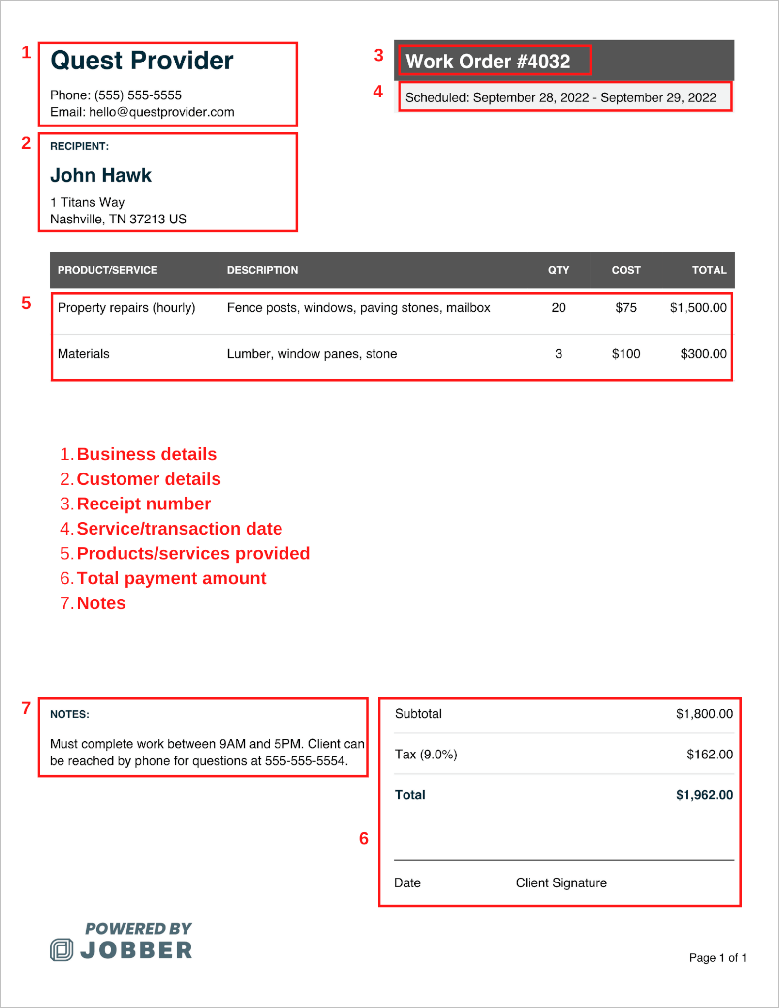 Work order template (annotated)