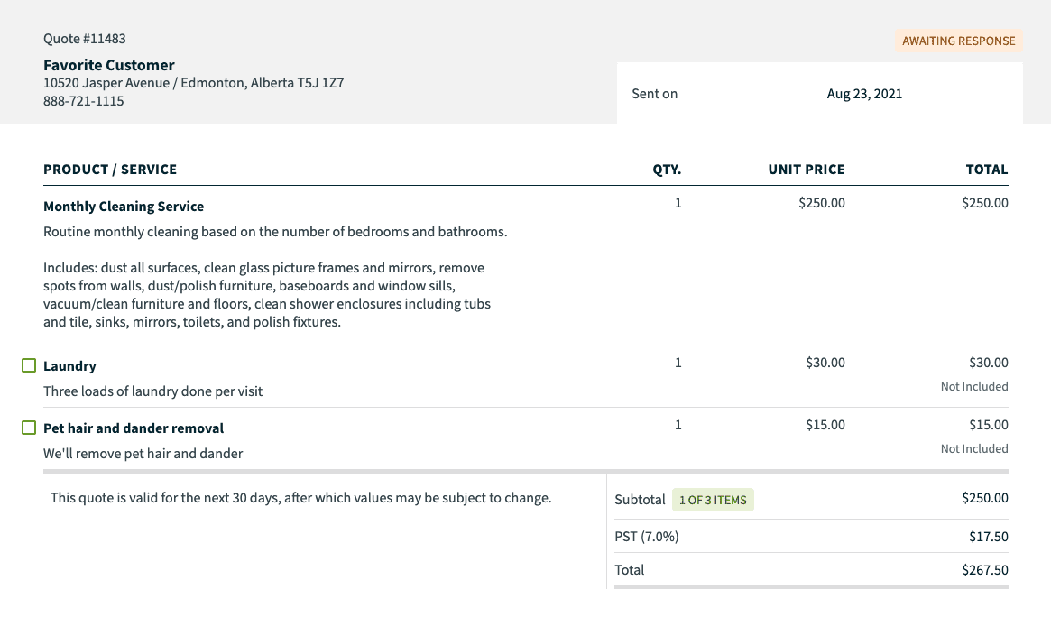 cleaning estimate screenshot showing costs for monthly cleaning service plus add-ons