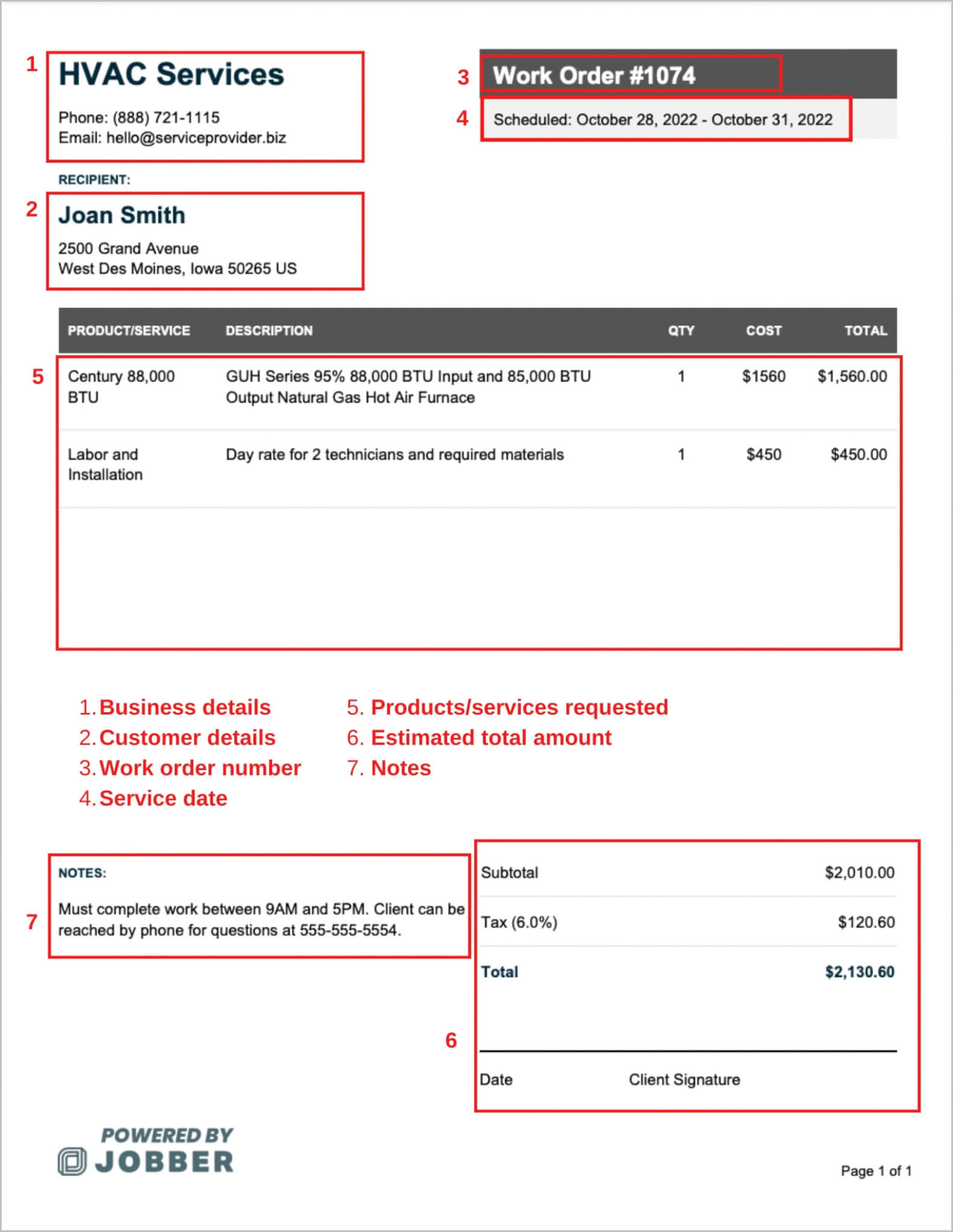 HVAC work order template (annotated)