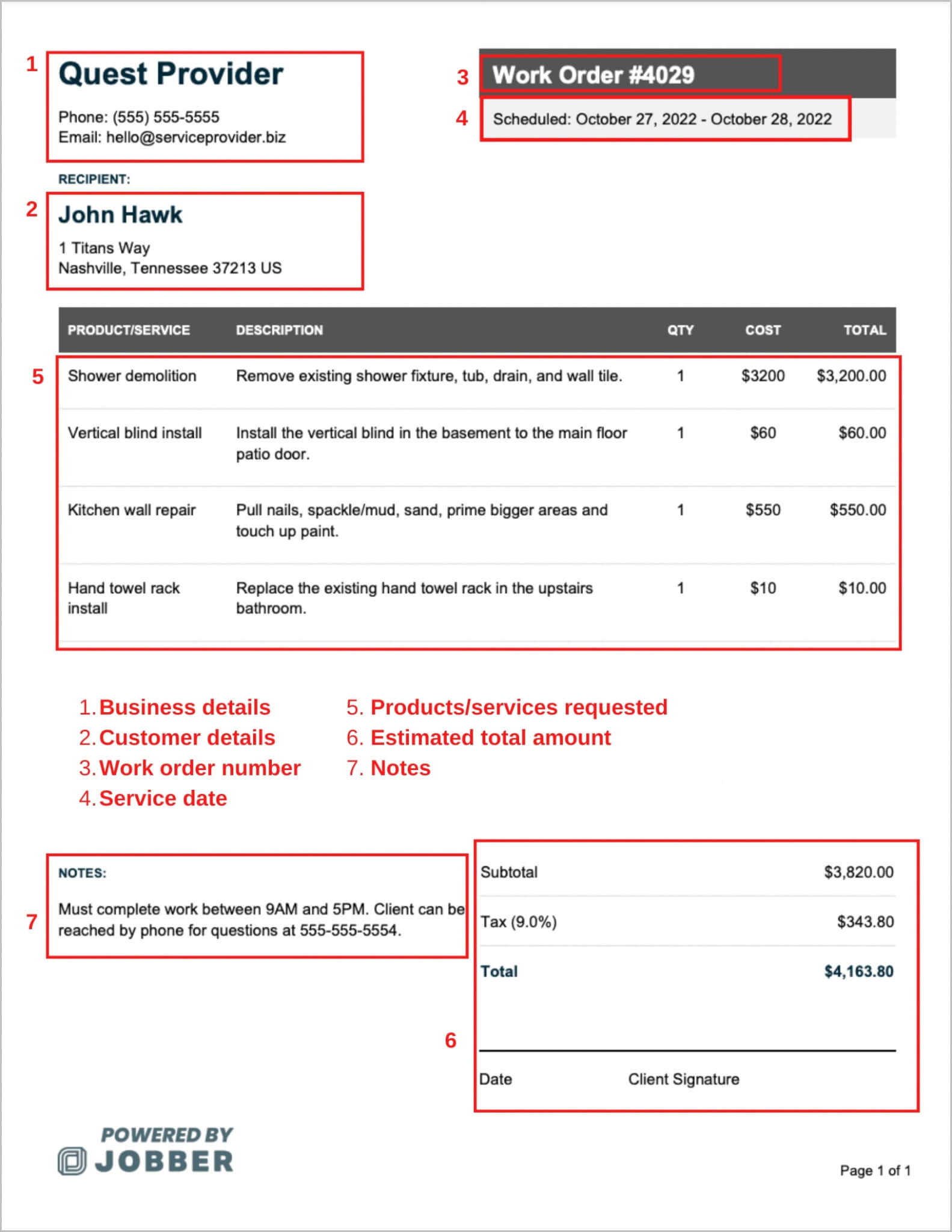 Handyman work order template (annotated)