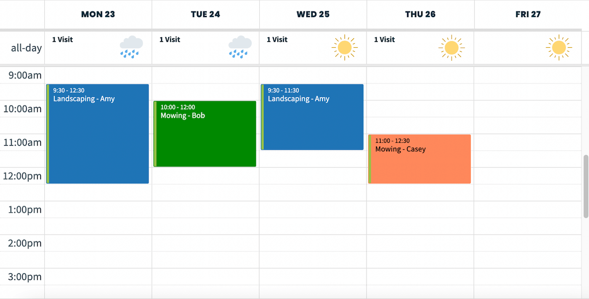 Example of a landscaping and mowing schedule in Jobber for rainy days with alternating mowing jobs