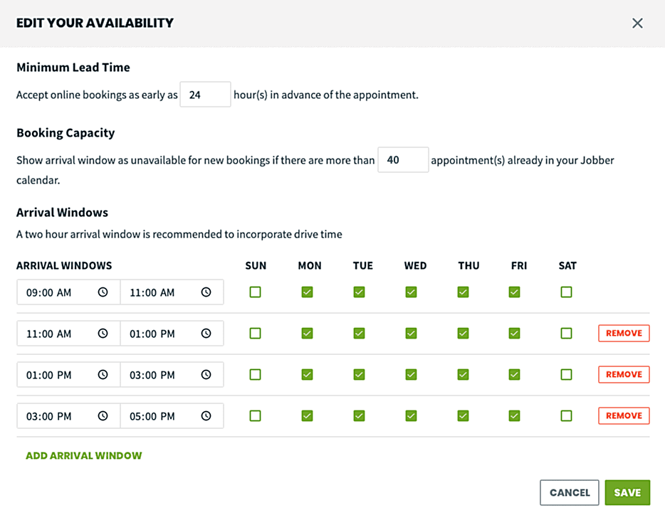 Example of Local Services Ads booking availability settings in Jobber