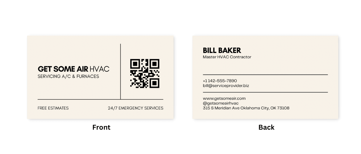 Example of a HVAC business card with a QR code and service information