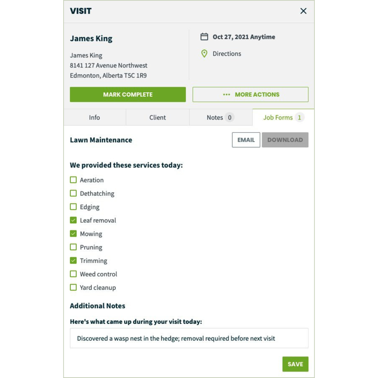 screenshot of lawn maintenance job form in Jobber