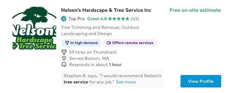 image of Thumbtack ad for tree service business
