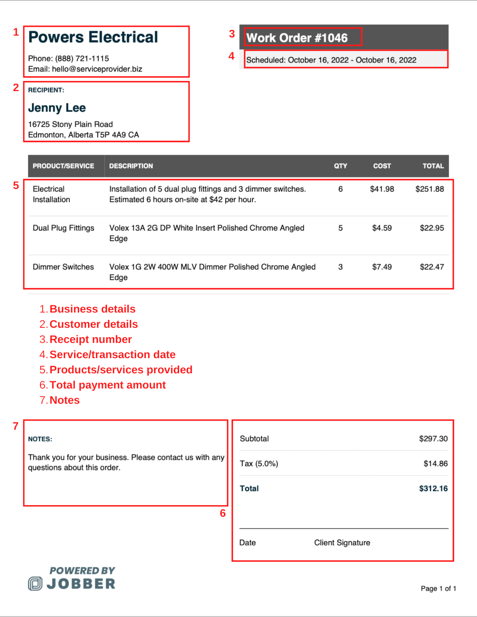 image of annotated electrical work order template