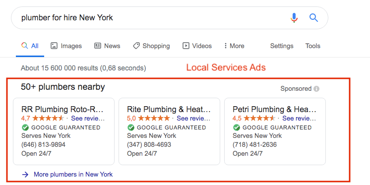 Google Local Services Ads results for