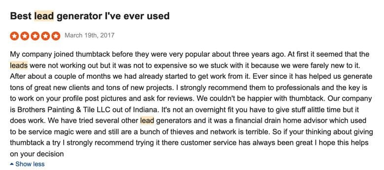 Thumbtack for Contractors: Positive Online Review