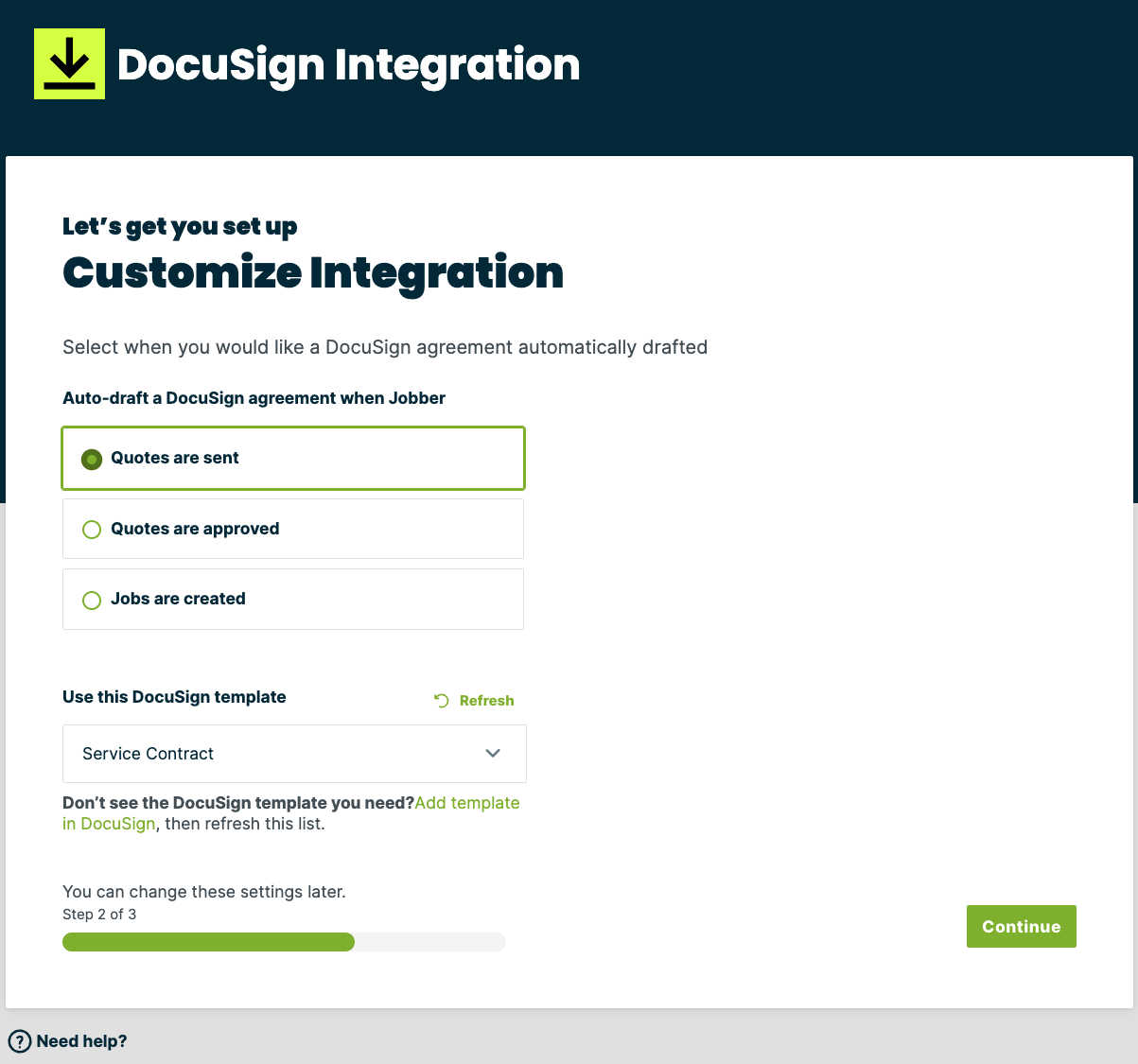 DocuSign Jobber integration draft settings