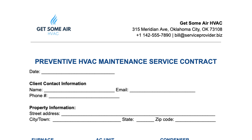 Contact information on an HVAC service contract