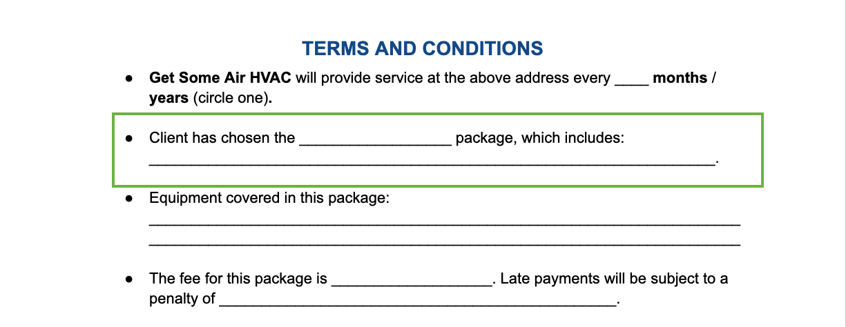 Maintenance package tiers on an HVAC service contract