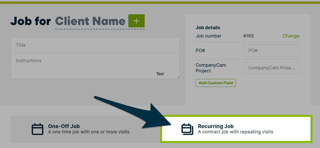 Arrow pointing to a button that lets you create a recurring job in Jobber