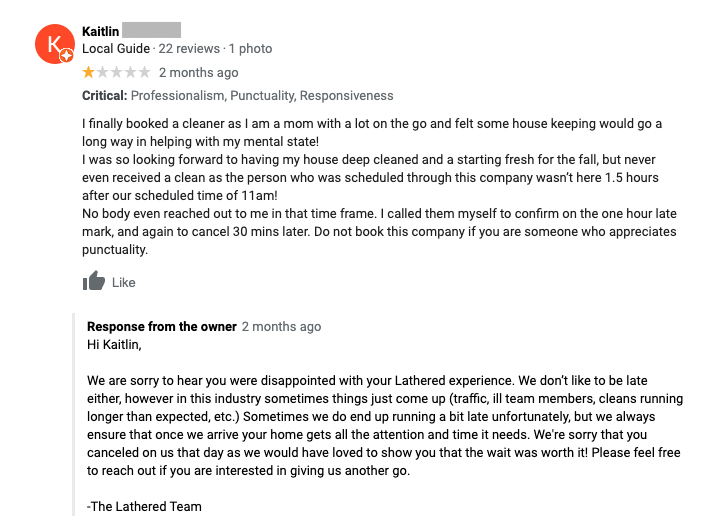 negative review response examples - screenshot of review about appointment no-shows