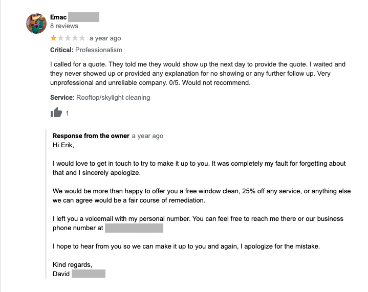negative review response examples - screenshot of review about poor communication