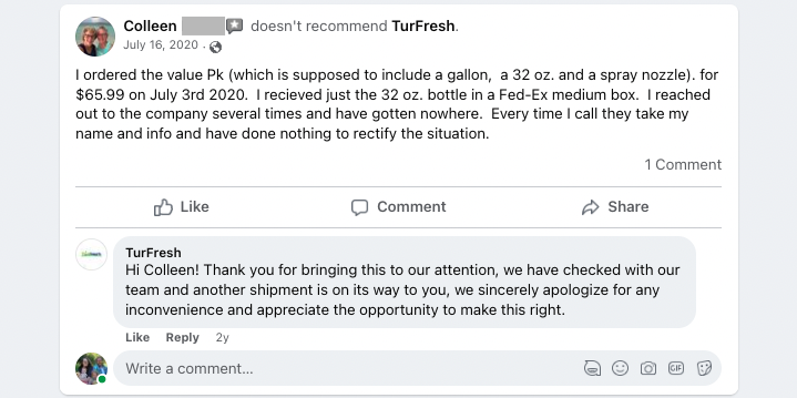 negative review response examples - screenshot of review about poor product or service quality