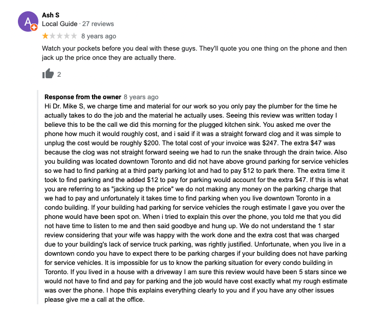 negative review response examples - screenshot of review about pricing issues