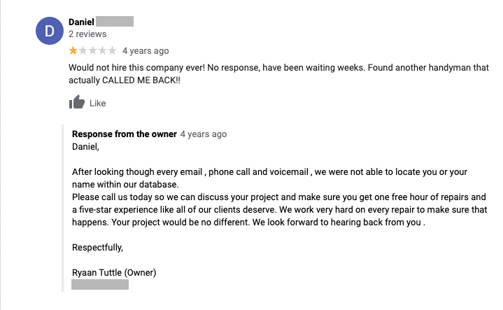 negative review response examples - screenshot of a questionable review