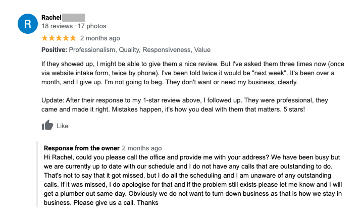negative review response examples - screenshot showing how to turn a negative review into a positive