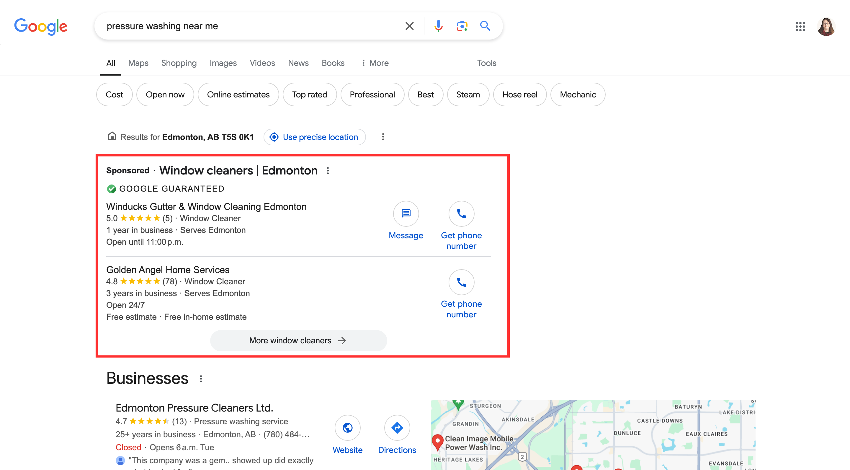 image of Google Local Services Ads for pressure washing