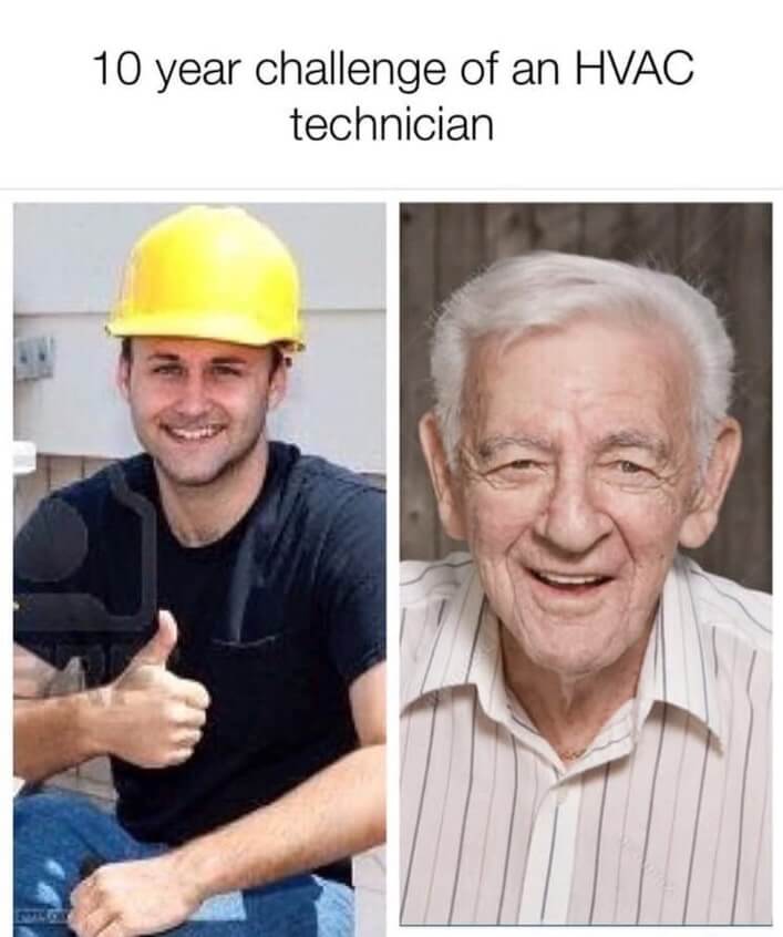“10 year challenge of an HVAC technician” where a young HVAC technician ages into an elderly man