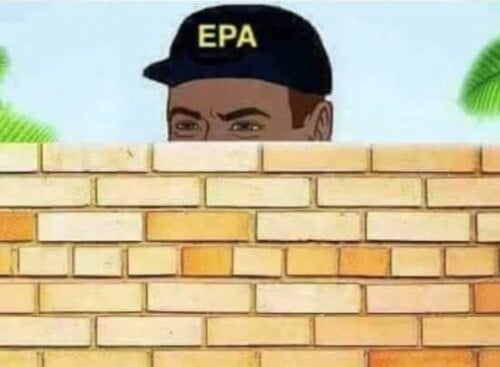 Cartoon man peaking from behind a brick wall with a hat that says “EPA”