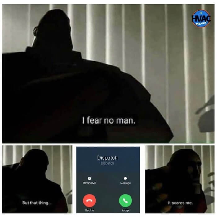 Animated character obscured in darkness and getting a phone call from an HVAC dispatcher. He says