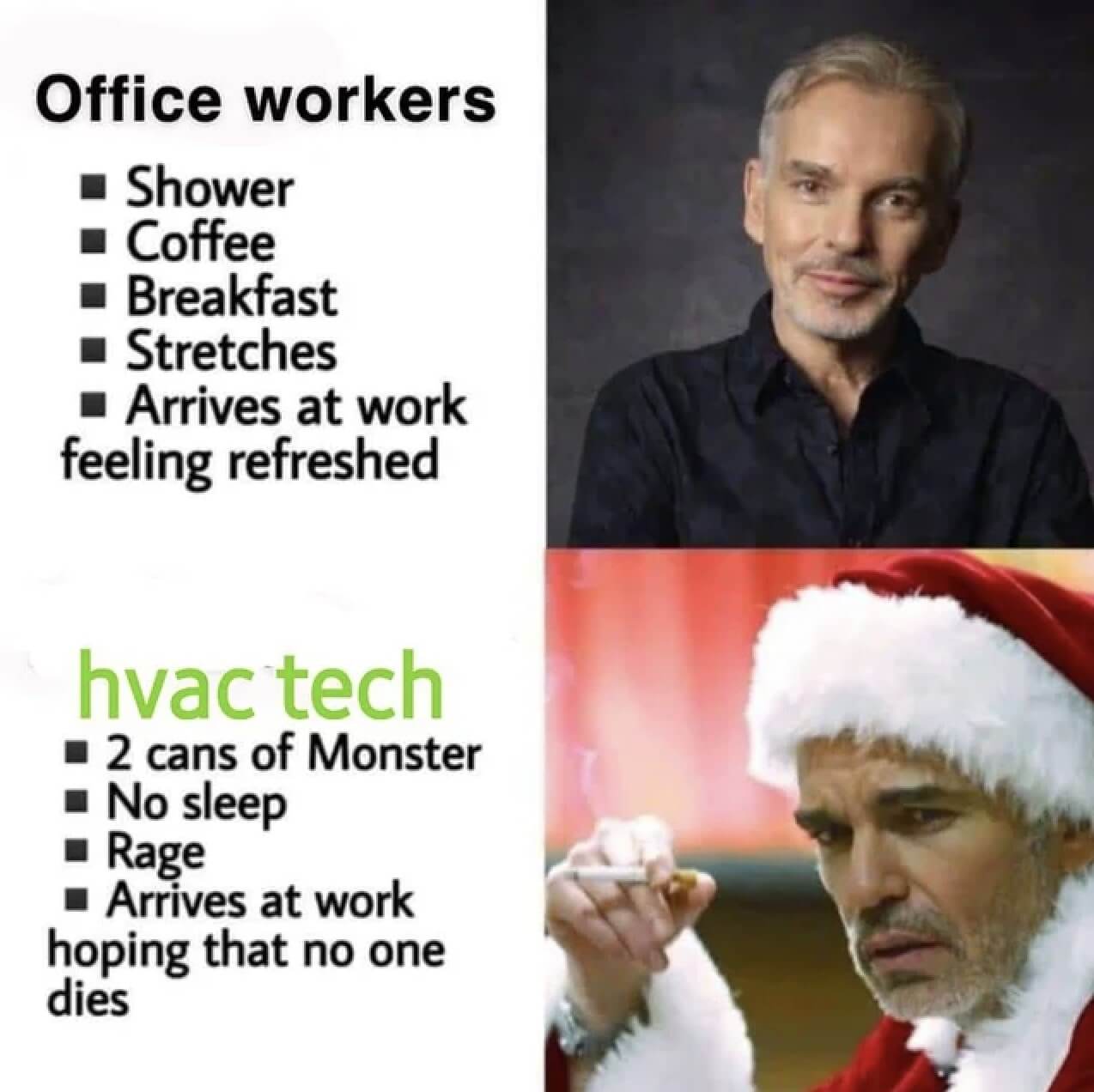 Side-by-side comparison of the morning routines of office workers and HVAC techs. The office worker has a “shower, coffee, breakfast, does stretches, and arrives at work feeling refreshed.” The HVAC tech has “2 cans of Monster, no sleep, rage, and arrives at work hoping that no one dies”