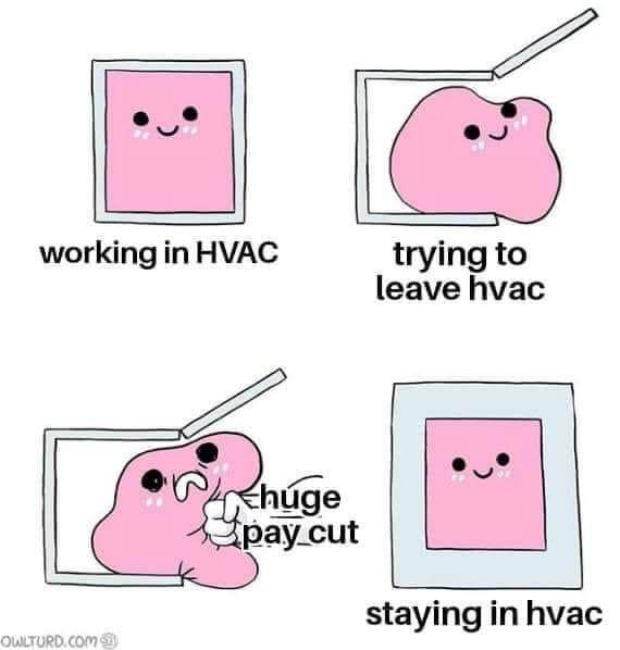 A pink blob trying to leave the box its trapped in, but getting pushed back into the box. The text suggests the blob is an HVAC tech trying to leave HVAC but returning because wages are too low in other jobs