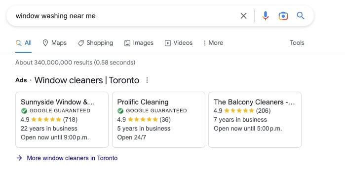example of pressure washing Google Local Services ad