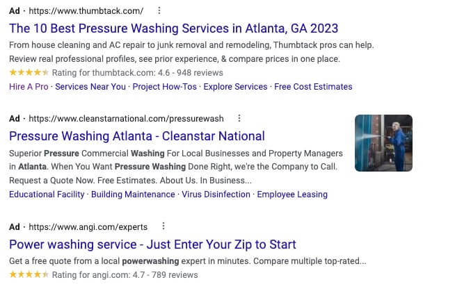 image of pressure washing Google search ads