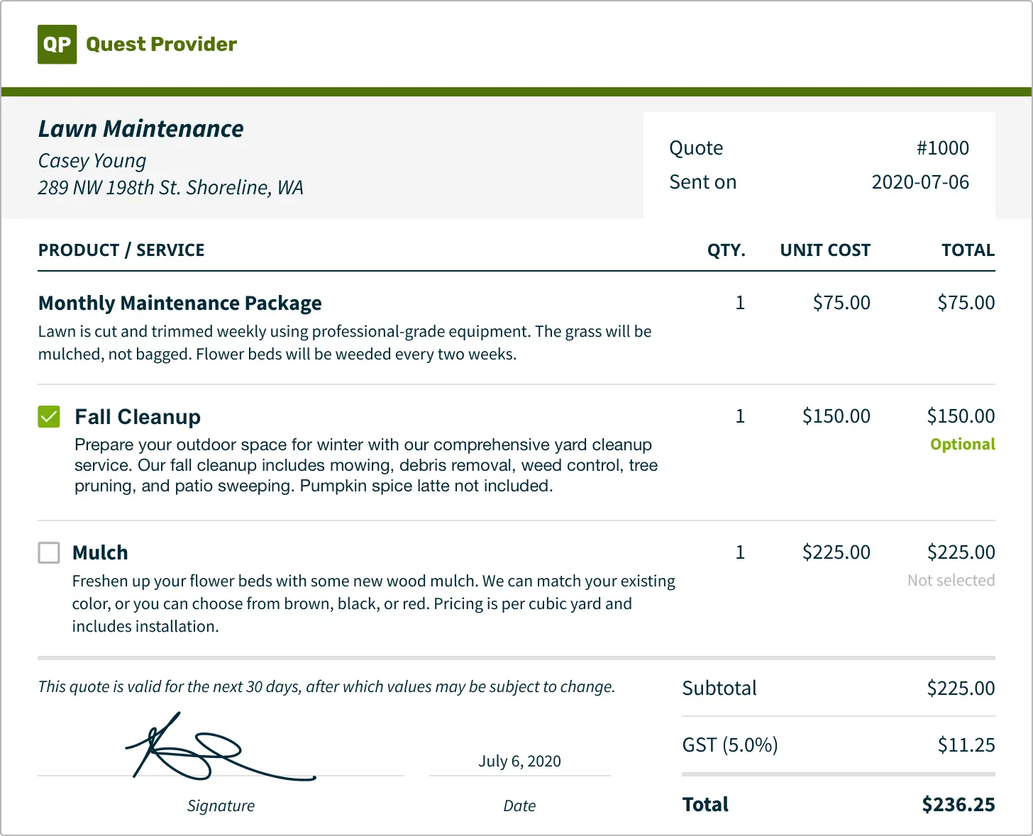 Lawn Care Service Quote with Fall Cleanup Optional Line Item, created in Jobber
