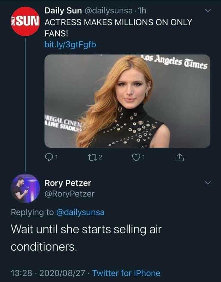 Twitter news post that says “Actress makes millions on only fans.” The reply tweet says “Wait until she starts selling air conditioners”