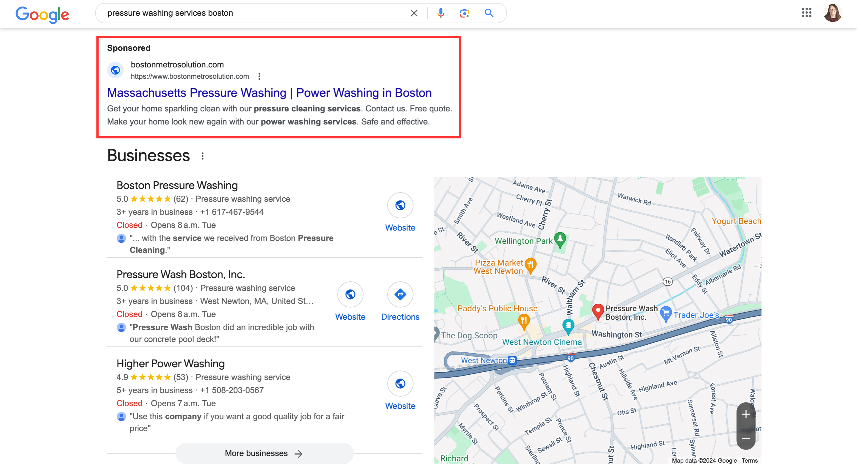 image of Google Search ad for pressure washers