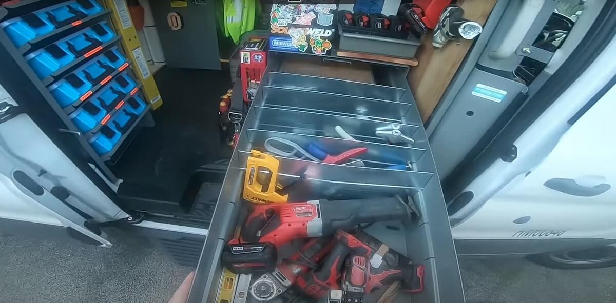 Steel cabinets in an HVAC van setup used for tool storage