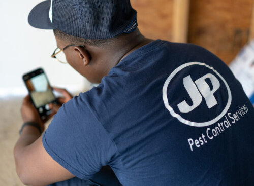 worker wearing shirt with pest control company name on the back