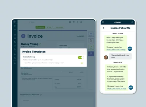Mobile tablet displaying Jobber's invoice follow-up settings screen. Next to it, a mobile phone displays an example of a invoice follow-up SMS message sent to a customer from the Jobber app.
