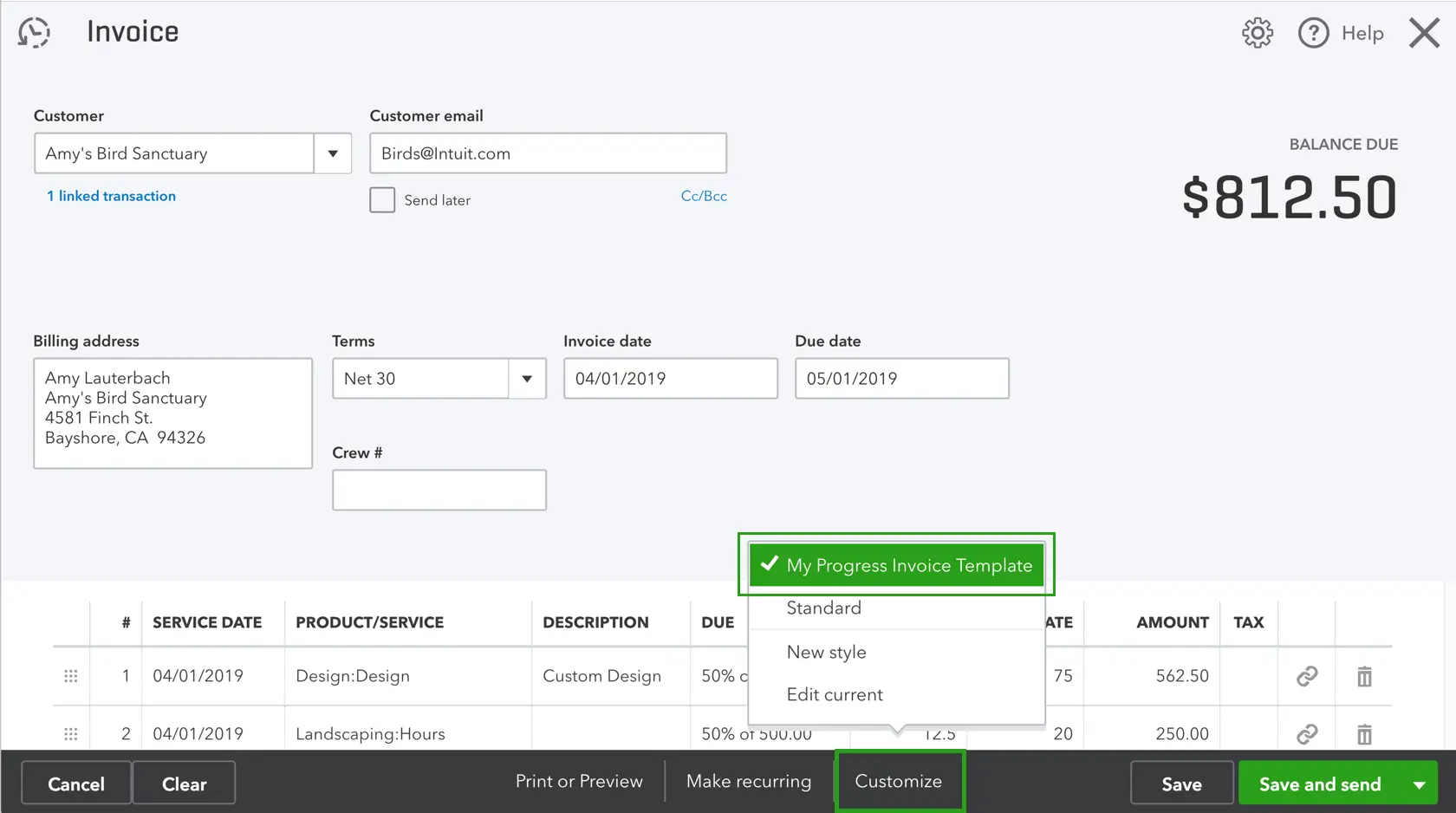 QuickBooks Online invoice creation page