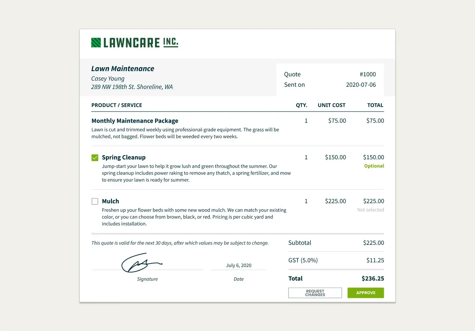 Jobber quote with optional line items below a monthly maintenance package