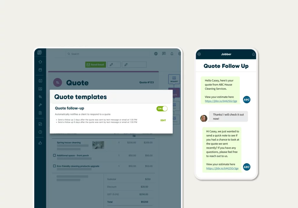 Quote follow-up message settings and SMS previews in Jobber