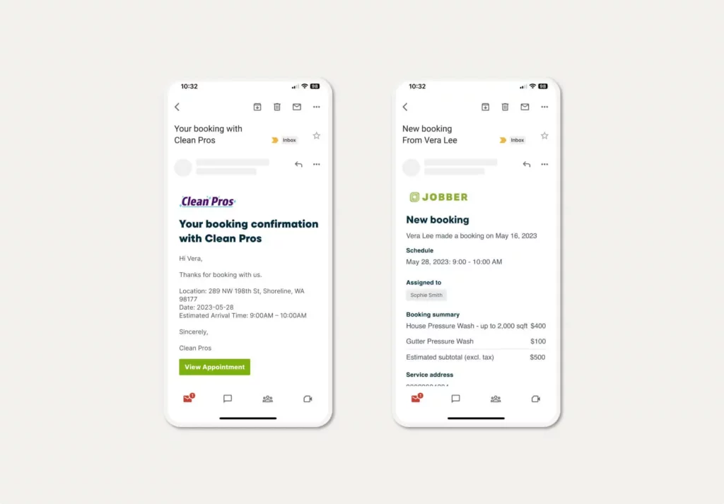 Two mobile devices displaying automatic notifications and confirmations within Jobber's online booking feature
