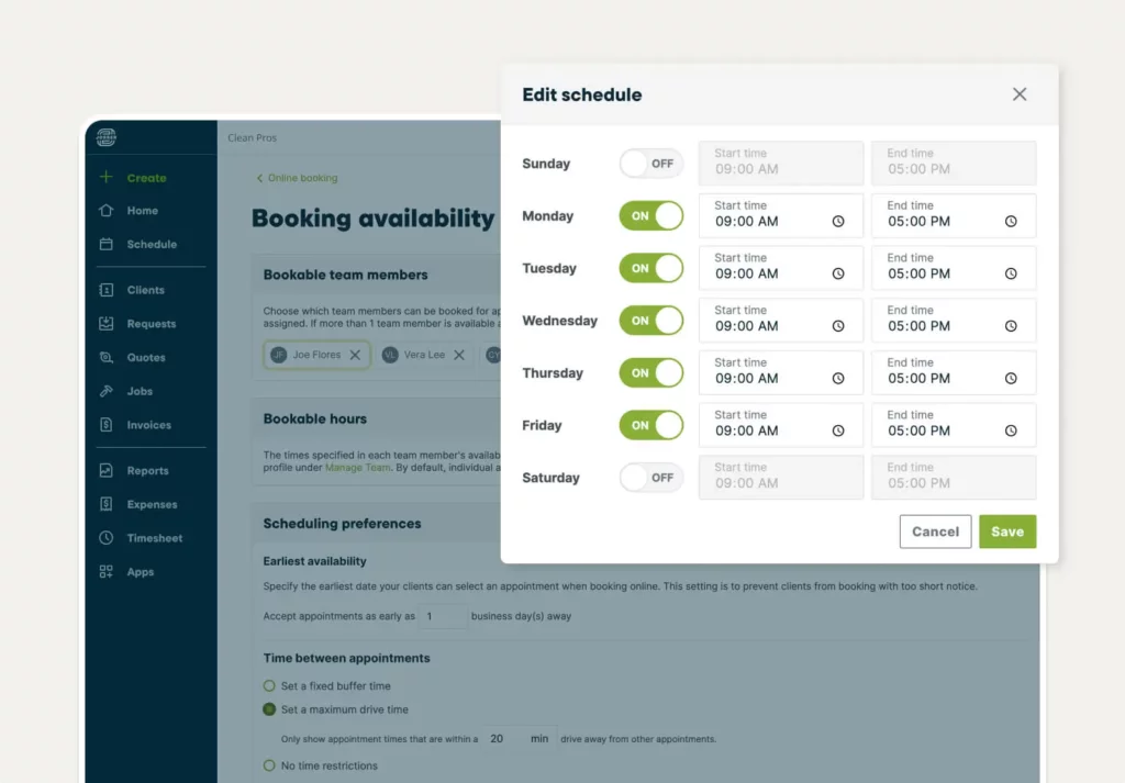 screenshot of bookable team members within Jobber's online booking feature